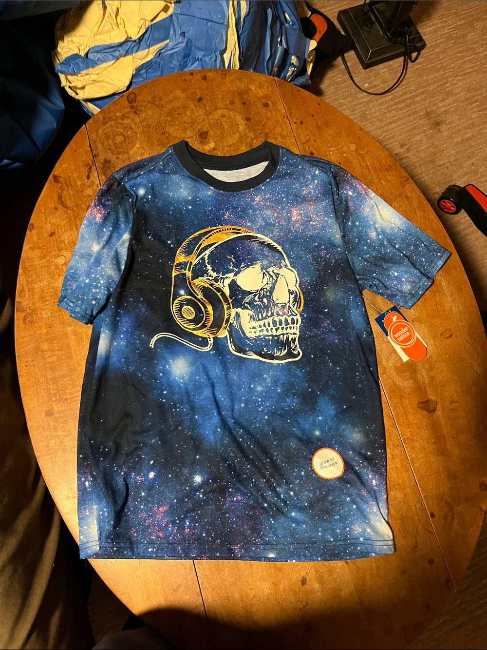 wonder nation Blue Galaxy Skull Tee with Gold Headphones Graphic
